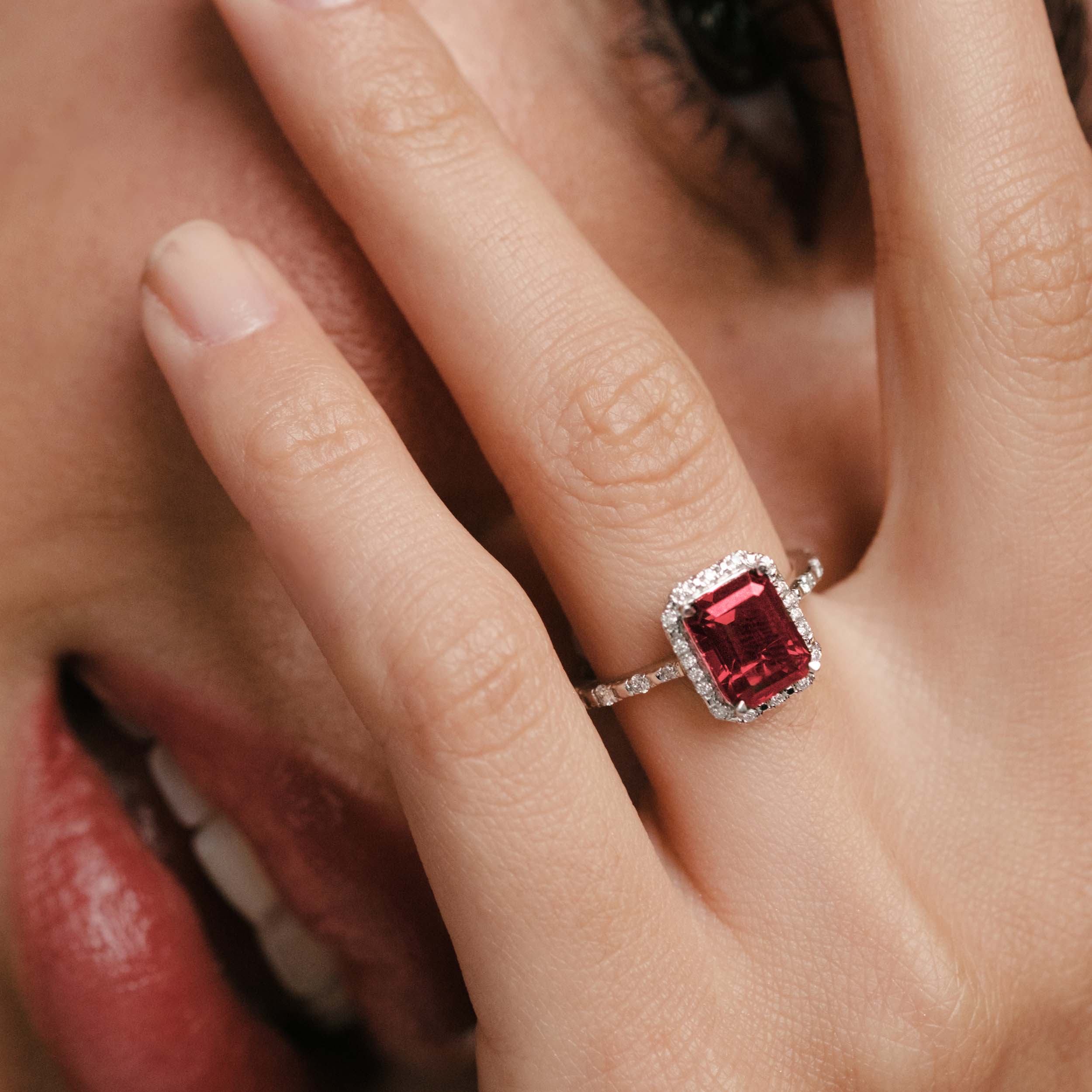 Astra 1.90ct Lab Ruby and Diamond Halo Shoulder Set Octagon Cut Ring in Silver